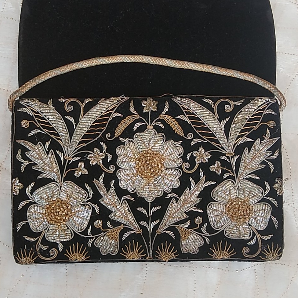 Vintage Zardozi Black Velvet Bag Gold Embroidered